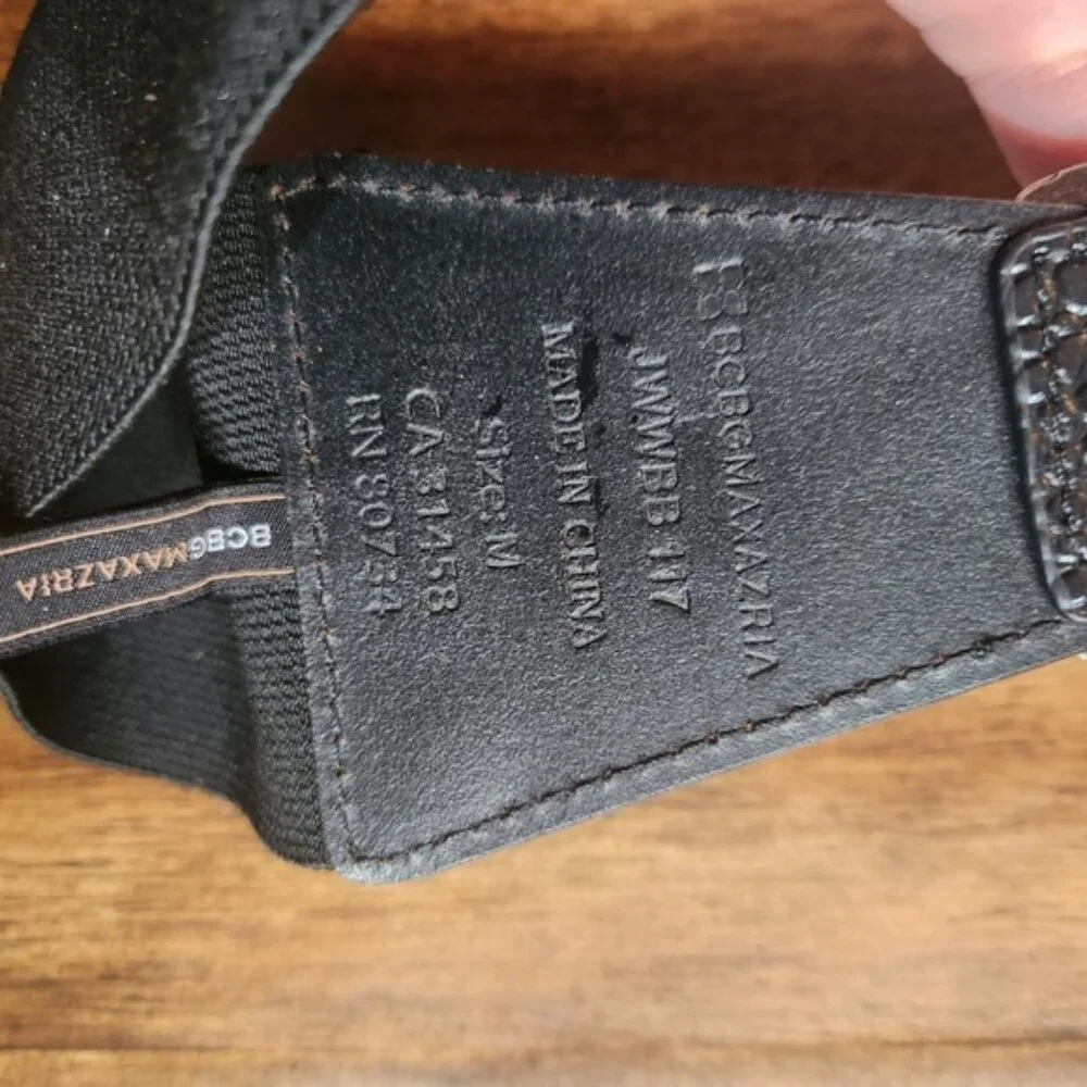 BCBGMAXAZRIA Black Elastic‎ Belt Silver Leaf Buckle Croc Embossed Medium